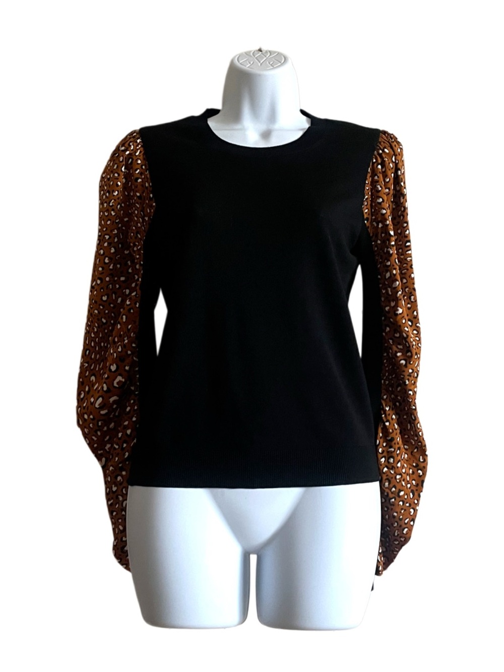 Veronica Beard Black Sweater Top with Brown Leopard-Print Puff Sleeves